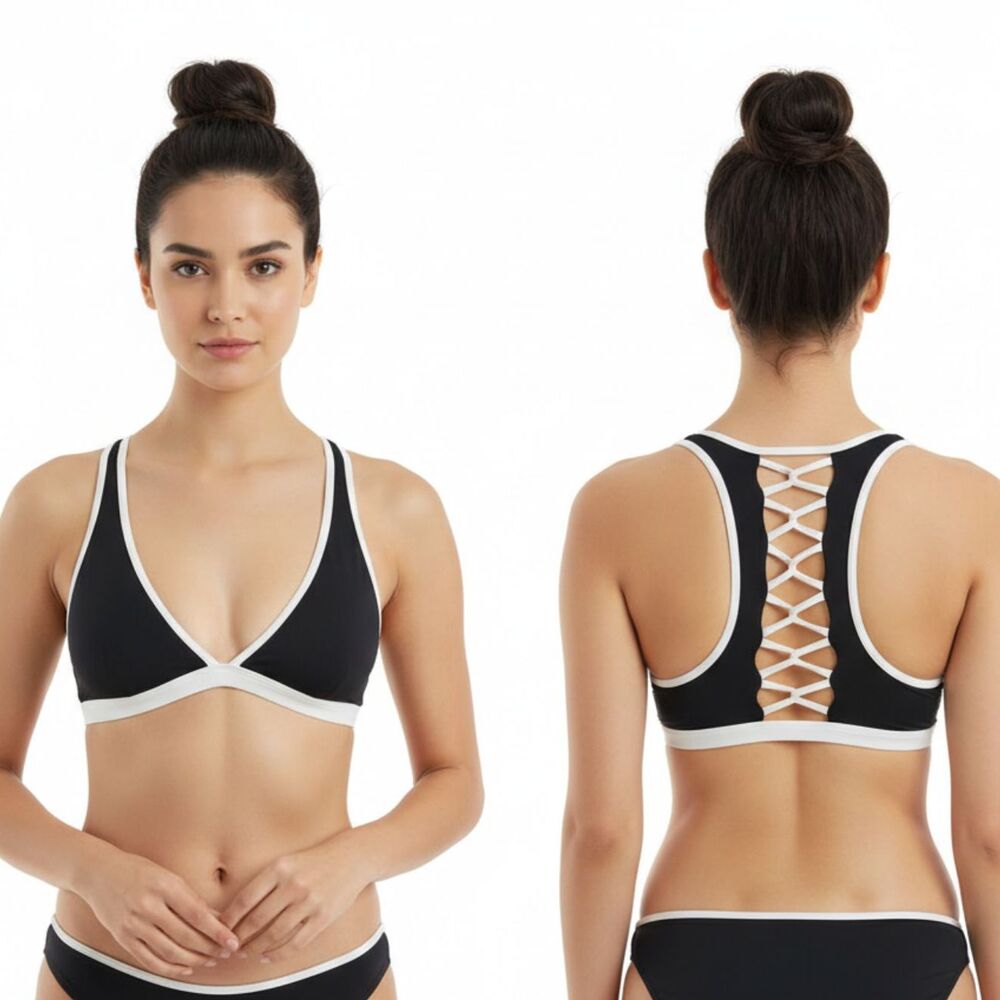 L*Space Black & White Strap Back Bikini Bathing Suit Top M - Picture 1 of 8